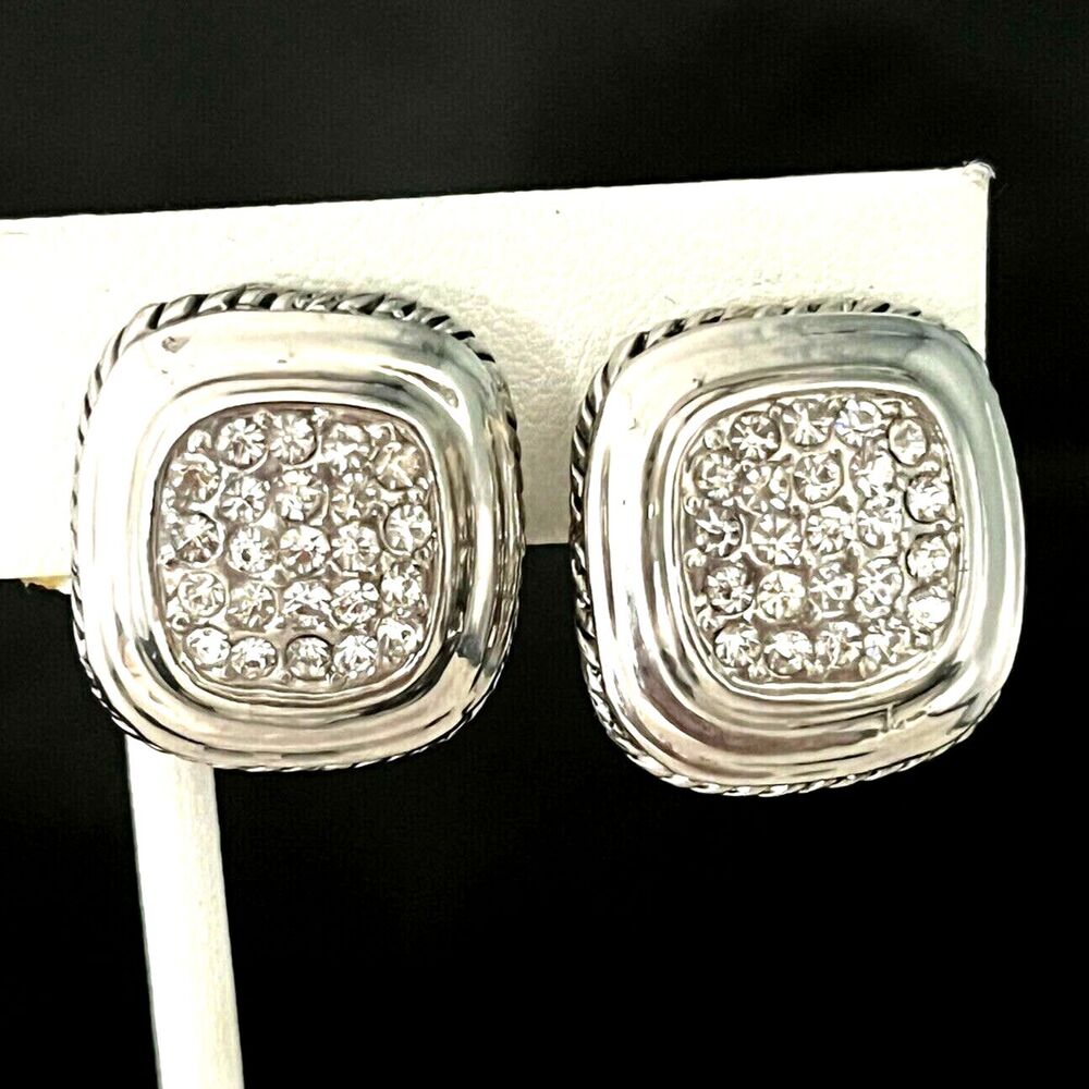 Vintage 1980s Clip On Earrings Square Pave Crystal Silver Tone - 11O